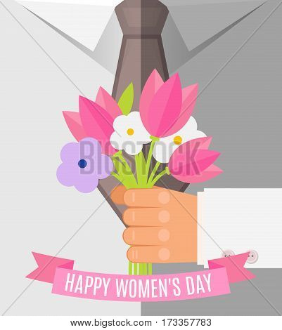 Happy International Women's Day, 8 March  Postcard. Businessman  Holding Bouquet Of Pink Tulp And Wh
