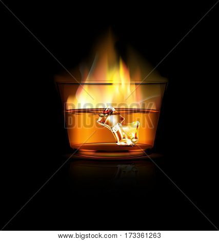black background and the large burning glass of strong alkoholic drink and ice