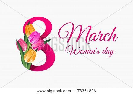 8 March, International Women's Day  Greeting Card Template With Tulp And Spring Flowers. Vector Illu