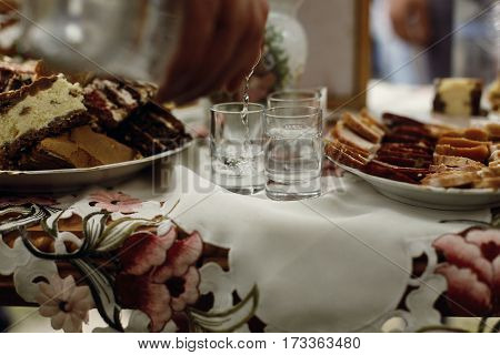 Traditional Ukrainian Wedding Table For Guests Before Ceremony, Stylish Man Drinking And Toasting Vo