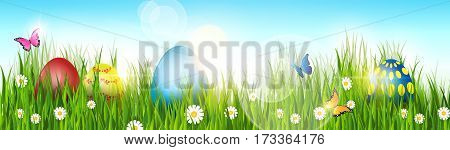 Happy Easter Decorated Colorful Egg Holiday Symbols Greeting Card Flat Vector Illustration