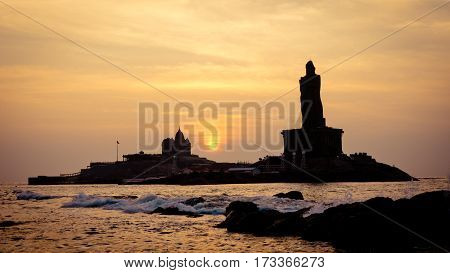 Kanyakumari Comorin cape Kerala India Sunrise above the ocean