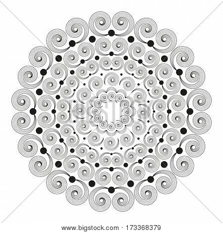vector black and white round mandala with striped curly spirals - adult coloring book page