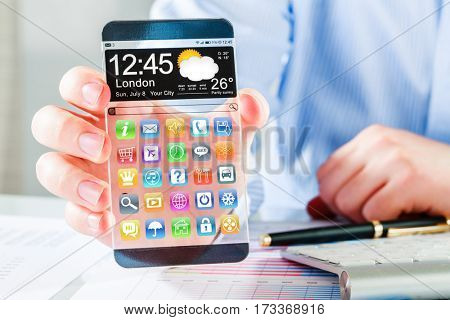 Futuristic Smart phone (phablet) with a transparent display in human hands. Concept actual future innovative ideas and best technologies humanity.
