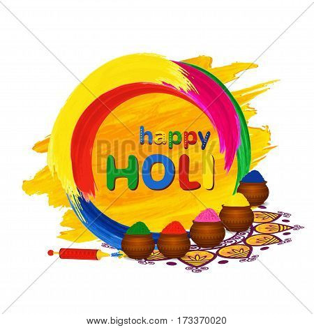 Happy Holi greeting card with traditional pots, pichkari and color splashes