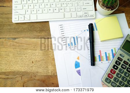 Mix Of Office Supplies On A Wooden Table Background. View From Above.