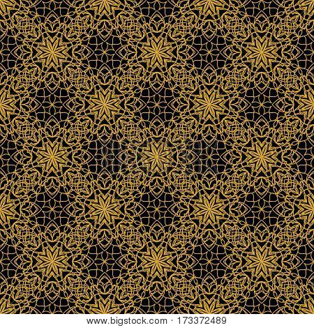 High contrasting seamless background tile with filigree golden ornament on black canvas. Vintage fabric style in damask design vector EPS 10