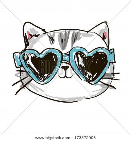 cool print children's T-shirt with cat, vector illustration, hand drawn cat