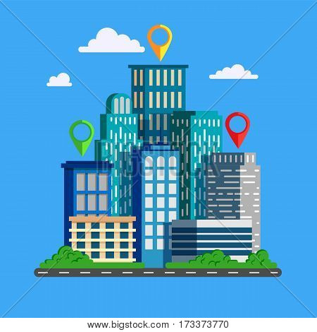 Vector illustration with skyscrapers in flat design. Big green modern city with road and high buildings.Can used for web banner info graphic and brochure.