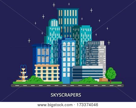City skyline at night concept in modern flat stile. Skyscrapers with green park. Vector illustration for web banners and info graphic.