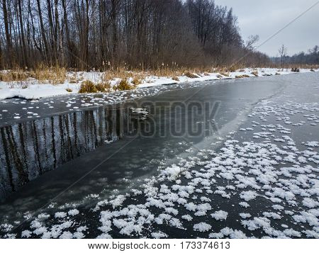 Thin ice on the river with open water. Winter landscape
