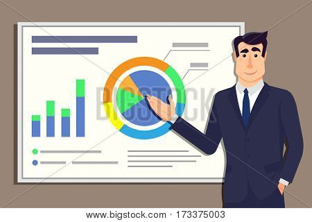 Young handsome businessman involved in the presentation of business plans.The man pointing to charts and graphs. Vector illustration in modern flat style for info graphic and web banners.