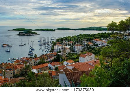 Beautiful view of old town Hvar on island Hvar in Croatia at sunset