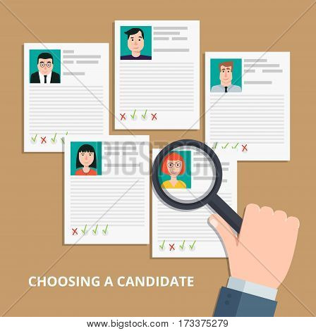 Modern colorful flat style vector illustration. HR manager looking through a magnifying glass on job candidates.Searching professional staff analyzing personnel resume recruitment.