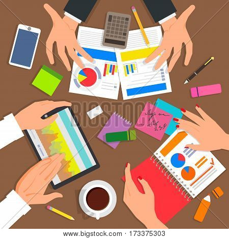 Business desk top view. Work process with a lot of diagrams and documents. Debate and negotiations between employees. Vector illustration in modern flat design for web banners and info graphic