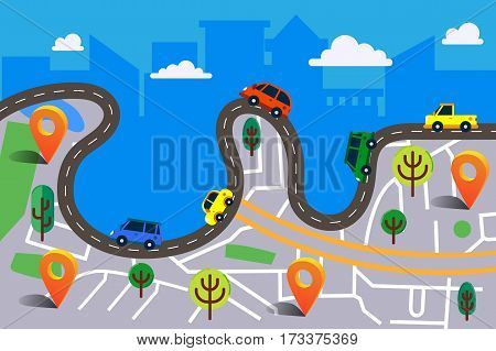 Vector illustration in modern flat style. Transportation concept with winding road and colorful cars and truck.Can used for web banners and info graphics.