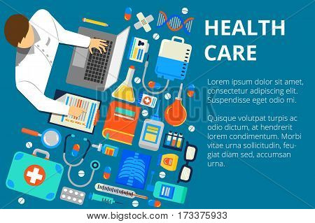 Vector illustration in modern flat style health care concept. Doctor's work desk with a lot of medical things. Can used for web banners and info graphic.