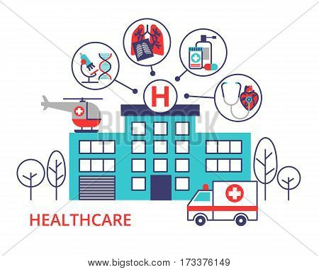 Health care concept in modern flat line stile. Vector illustration with hospital building ambulance and helicopter.