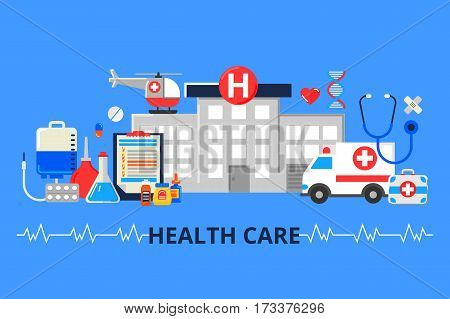 Vector illustration in modern flat style. Web banner with hospital ambulance and a lot of medical things. Health care concept.