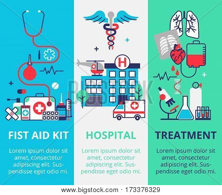 Three vertical medical banner in flat line style. First aid kit Hospital and ambulance Treatment. Can used for web banners and info graphic
