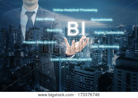 Double Exposure Of Professional Businessman With Night Cityscape In Blue Tone Hold Text Bi ( Busines
