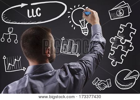 Technology, Internet, Business And Marketing. Young Business Man Writing Word: Llc