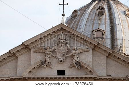ROME, ITALY - SEPTEMBER 01: Coat of arms of Pope Alexander VII Chigi on the portal of Sant Andrea della Valle Church in Rome, Italy on September 01, 2016.