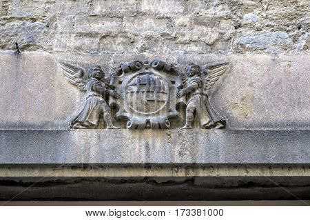 Stone coat of arms in public Barcelona Catalonia Spain