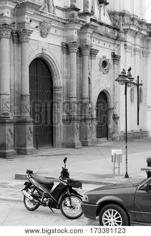 motorcycle near catholic church in white city popayan colombia south america