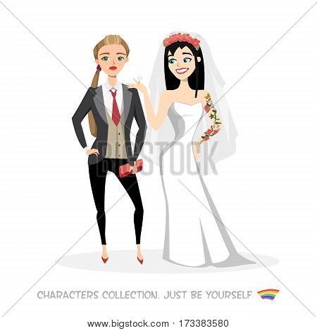 Two women lesbians marry each other. Free love and tolerance in the modern world. Gay wedding. Just be yourself. Fashion unconventional relationship.