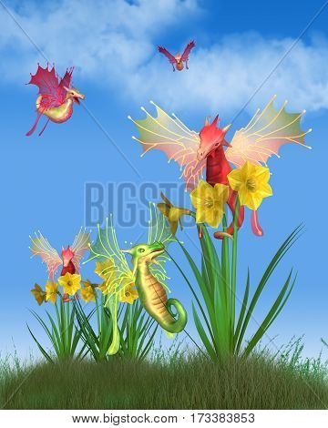 Fantasy illustration of cute red and green Welsh dragons flying around yellow daffodils on a sunny St David's Day (patron saint of Wales, on 1st March), digital illustration (3d rendering)