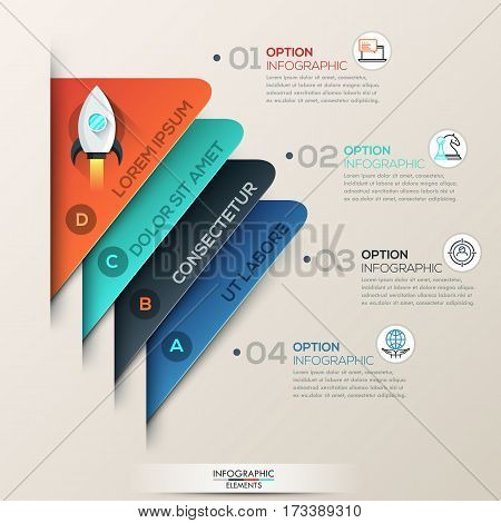 Infographic design template with 4 triangular layers, strategic elements for start up launch. Project management and planning concept. Vector illustration for website, presentation, banner.