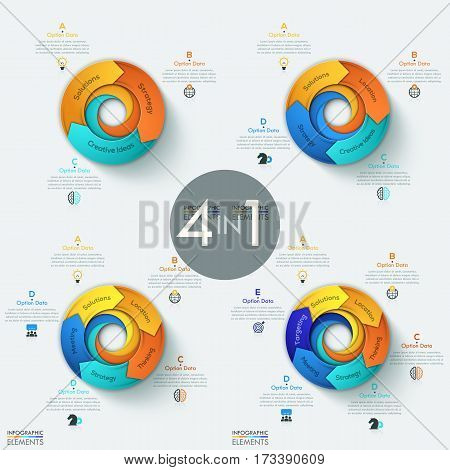 Set of 4 modern circular infographic design templates with options, strategic business elements, steps to success. Project management and planning concept. Vector illustration for website, report, ad.
