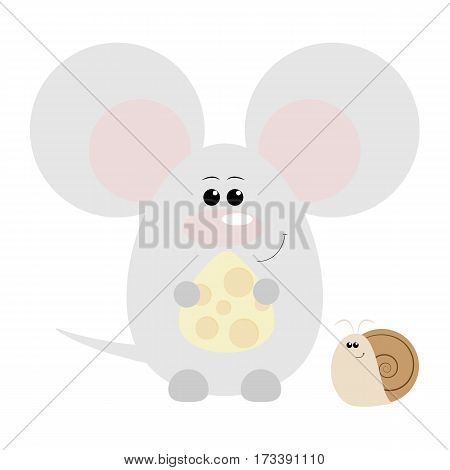 Funny cartoon happy mouse and his snail friend