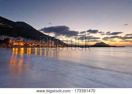 AEGIALI, GREECE - FEBRUARY 01, 2017: Aegiali village as seen from the beach, Amorgos island on February 01, 2017.