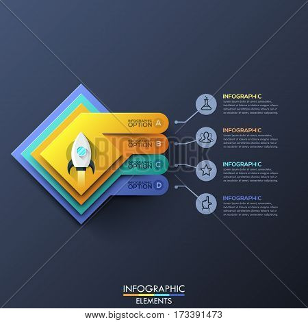 Infographic design template with 4 squared layers and space rocket take off in center on dark background. Steps of startup launch business concept. Vector illustration for website, presentation.