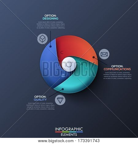 Infographic design template with circle divided by 3 lettered spiral sectors and start button in center. Steps of successful startup launch business concept. Vector illustration for website, banner.