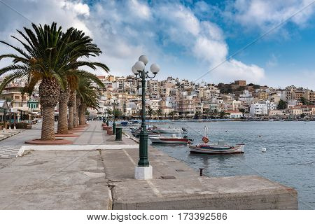 SITIA, CRETE, GREECE - JUNE 2016: Beautiful promenade in center of Sitia town on Crete island, Greece