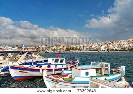 SITIA, CRETE, GREECE - JUNE 2016: Seaport of Sitia town with moored traditional Greek fishing boats
