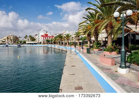 SITIA, CRETE, GREECE - JUNE 2016: Beautiful promenade in center of Sitia town on Crete island, Greece
