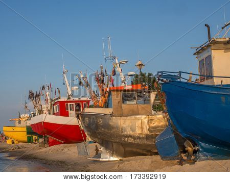 Chlopy Poland - July 29 2016: Colourful fishing boats in a harbour