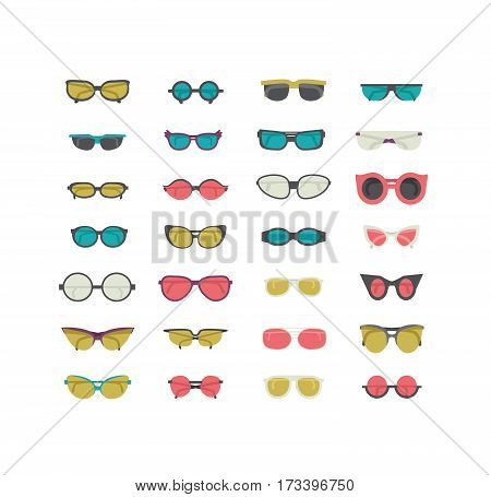 Fashion set with colorful sunglasses isolated on white. Vector illustration in blue green and pink. Women and unisex sunglasses in casual sport and elegant style. Flat icons collection in a row.