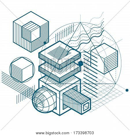 Abstract Design With 3D Linear Mesh Shapes And Figures, Vector Isometric Background. Cubes, Hexagons