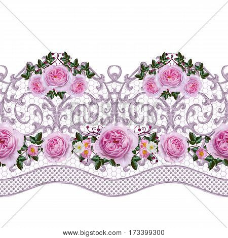 Seamless pattern border. Openwork weaving delicate silver background shiny lace vintage old style arabesques. Edging decorative. Bouquets of pink pastel roses.