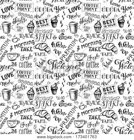 Coffee seamless pattern with lettering, cocoa lettering hand drawn on black background, stock vector illustration