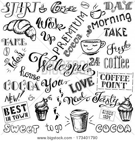 Coffee and cocoa- lettering set , hand drawn on white  background, stock vector illustration
