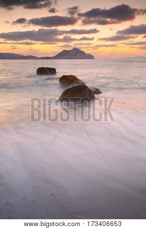 Sunset at Aegiali beach on Amorgos island.
