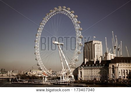 LONDON, UK - JANUARY 26, 2017: The EDF Energy London Eye next to the river Thames, UK