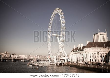 LONDON, UK - JANUARY 26, 2017: The EDF Energy London Eye next to the river Thames, UK