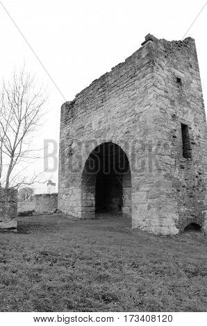 A view of a ruined stone tower in Bo'Ness